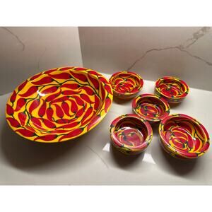 Hand-painted Mexican Pottery Bowls Chili Pepper Design Large Serving Individuals